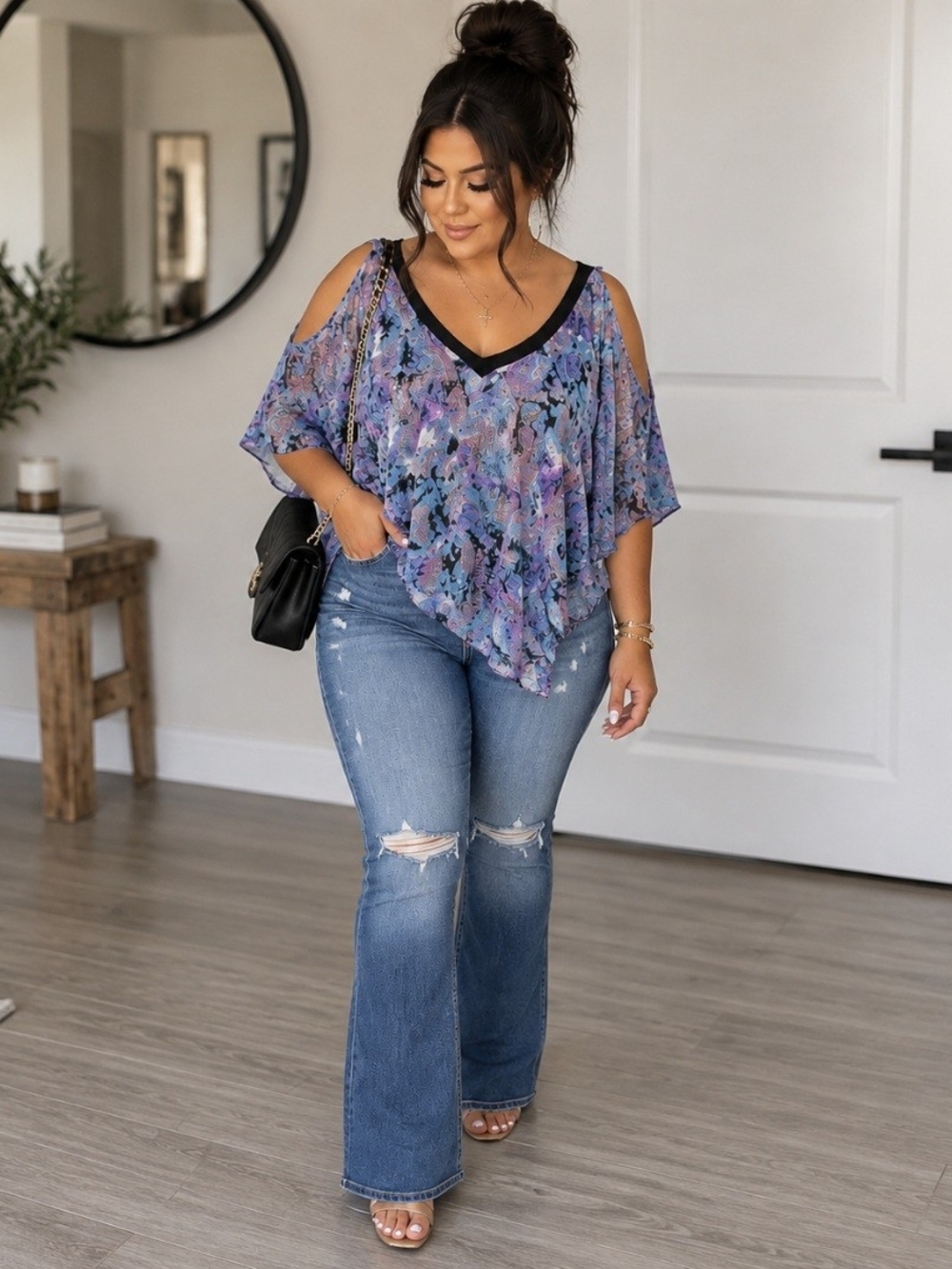 Purple Teal Watercolor Print Cold Shoulder Blouse Large Y2K Inspired